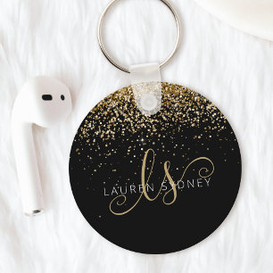 Gold Glitter Glam Monogram Name Key Ring