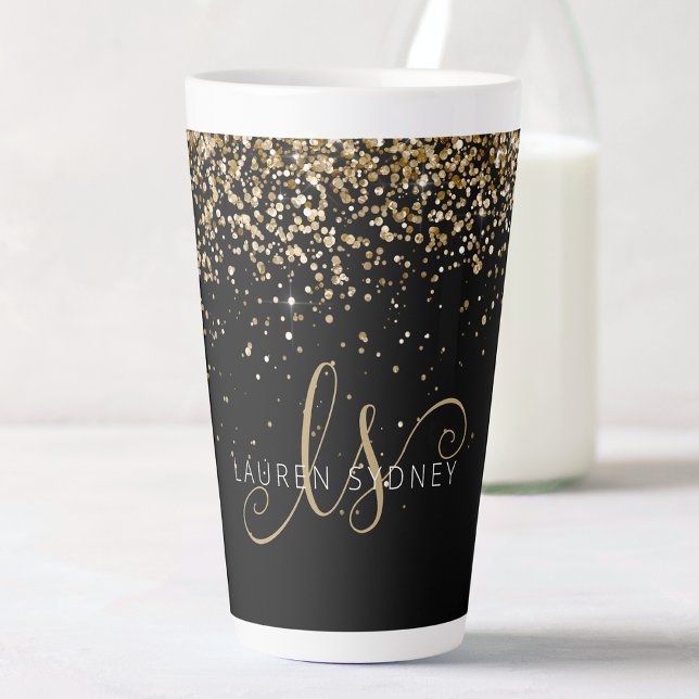 Gold Glitter Glam Monogram Name Latte Mug (Creator Uploaded)