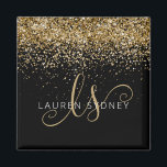 Gold Glitter Glam Monogram Name Magnet<br><div class="desc">Glam Gold Glitter Elegant Monogram Magnet. Easily personalise this trendy chic magnet design featuring elegant gold sparkling glitter on a black background. The design features your handwritten script monogram with pretty swirls and your name.</div>