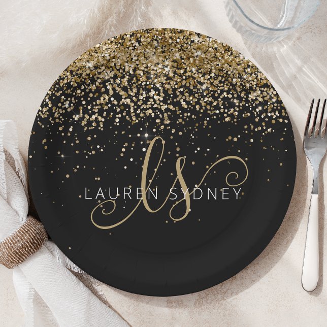 Gold Glitter Glam Monogram Name Paper Plate (Creator Uploaded)