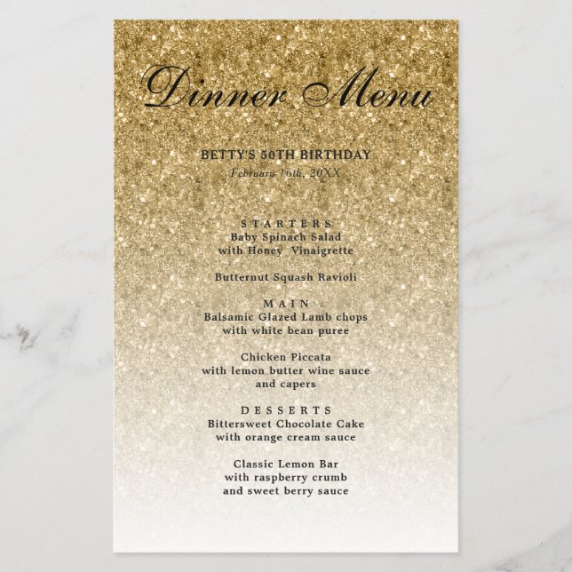 Gold Glitter Glam Party Paper Menu (Front)