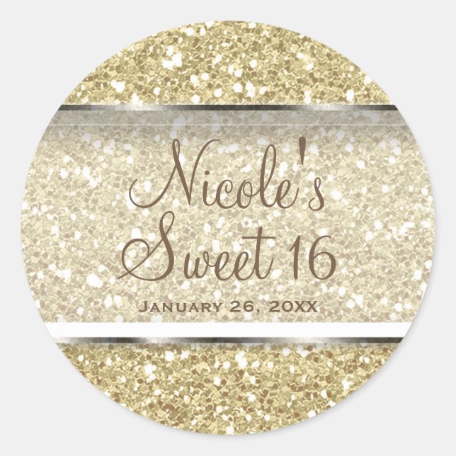 Gold Glitter Glam Sweet 16 Custom Party Favour Classic Round Sticker (Front)