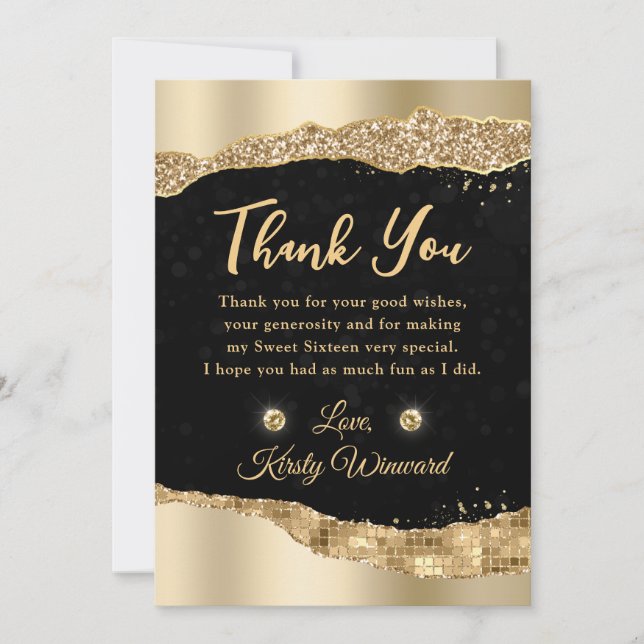 Gold Glitter Glam Tears Edges Sweet Sixteen Thank You Card (Front)