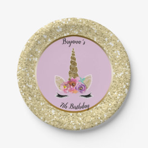 Gold Glitter Glam Unicorn Pink Birthday Party Paper Plate