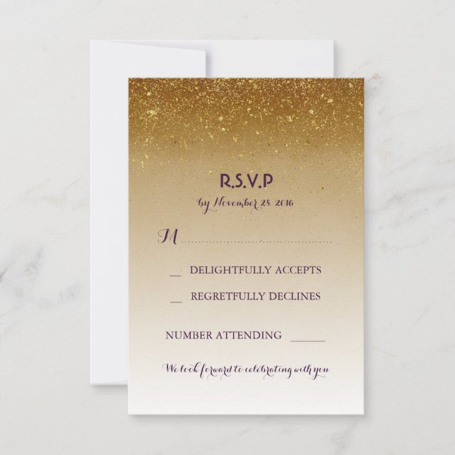 Gold Glitter Glam White Wedding RSVP Cards (Front)