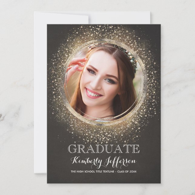 Gold Glitter Glamour Modern Graduation Photo Invitation (Front)