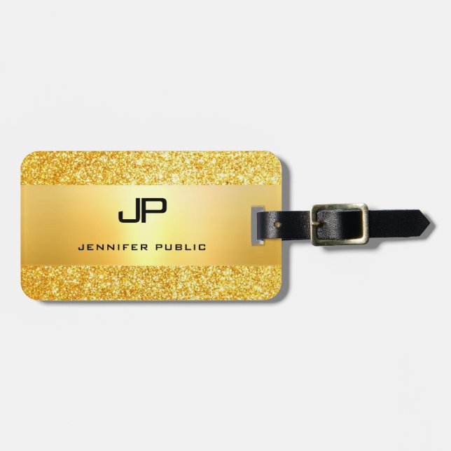 Gold Glitter Glamourous Modern Monogrammed Templat Luggage Tag (Front Horizontal)