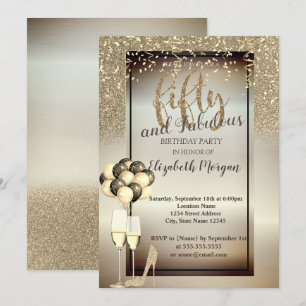 Gold Glitter Glass,Balloons 50th Birthday Party Invitation