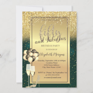 Gold Glitter Glass,Balloons Green 50th Birthday  Invitation