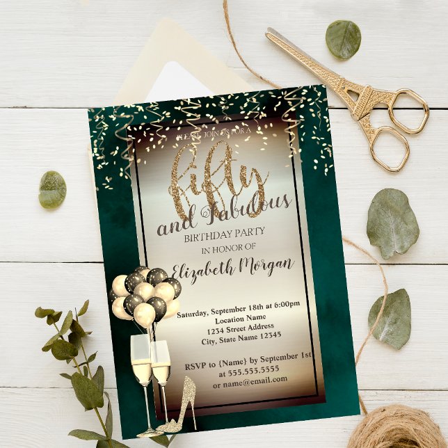 Gold Glitter Glass,Balloons Green 50th Birthday  Invitation (Creator Uploaded)