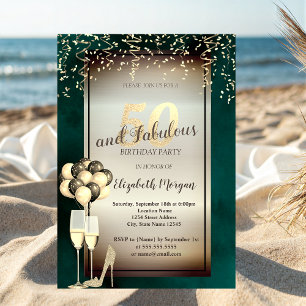 Gold Glitter Glass,Balloons Green 50th Birthday  Invitation