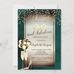 Gold Glitter Glass,Balloons Green 90th Birthday  Invitation