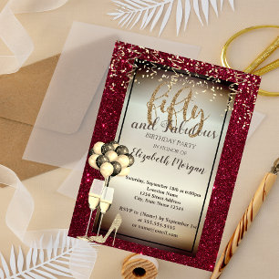 Gold Glitter Glass,Balloons Red 50th Birthday  Invitation