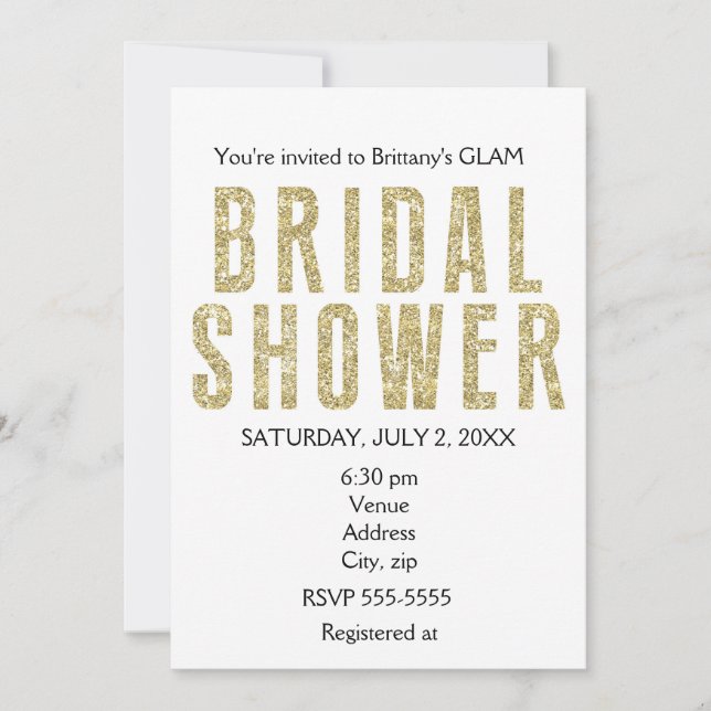 Gold Glitter Glitzy Glam Bridal Shower Invitation (Front)