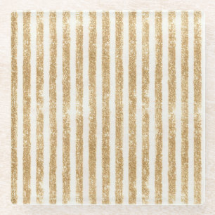 Gold Glitter Glitzy Stripes Glass Coaster
