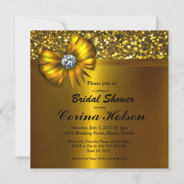 Gold Glitter Gold Bow Bridal Shower Invitations (Front)