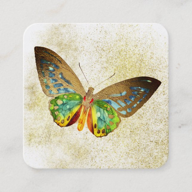 *~* Gold Glitter Gold Gilded Butterfly White Square Business Card (Front)