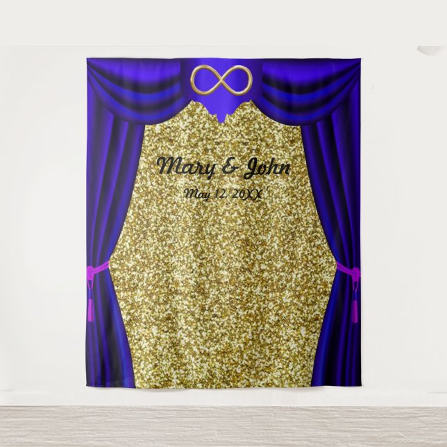 Gold Glitter Gold Infinity Blue Curtain Backdrop Tapestry (Front)