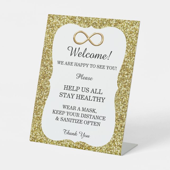 Gold Glitter Gold Infinity Wedding Safety  Pedestal Sign (Front)