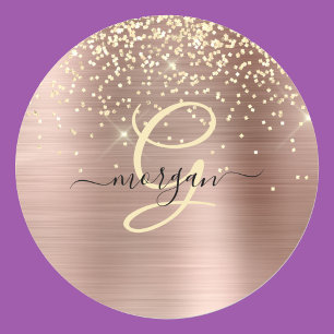 Gold Glitter, Gold Monogram, Black Script Name Classic Round Sticker