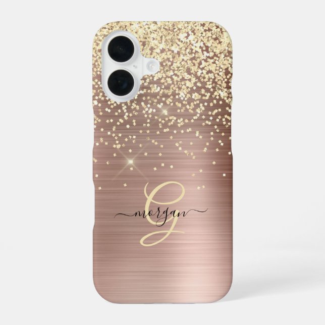 Gold Glitter, Gold Monogram, Black Script Name iPhone 16 Case (Back)