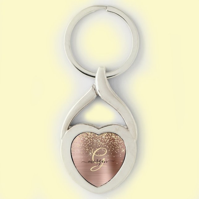 Gold Glitter, Gold Monogram, Black Script Name Key Ring (Creator Uploaded)