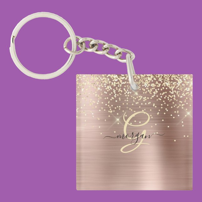 Gold Glitter, Gold Monogram, Black Script Name Key Ring (Creator Uploaded)
