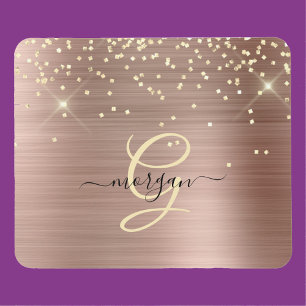 Gold Glitter, Gold Monogram, Black Script Name Mouse Mat