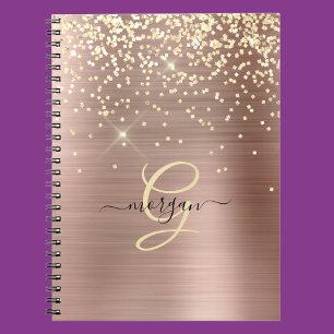 Gold Glitter, Gold Monogram, Black Script Name Notebook