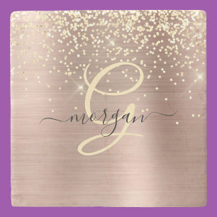 Gold Glitter, Gold Monogram, Black Script Name Stone Coaster