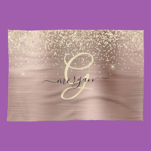 Gold Glitter, Gold Monogram, Black Script Name Tea Towel