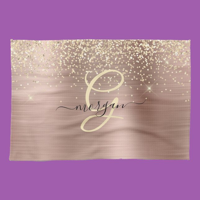 Gold Glitter, Gold Monogram, Black Script Name Tea Towel (Creator Uploaded)