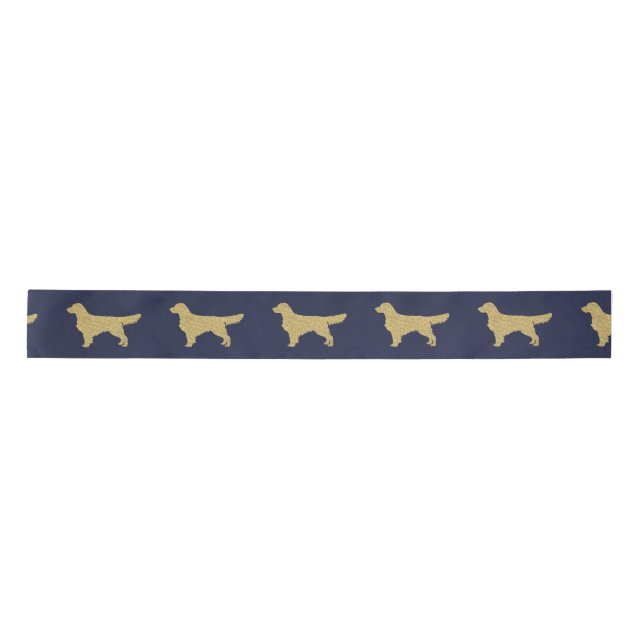 Gold Glitter Golden Retriever navy blue Satin Ribbon (Front)
