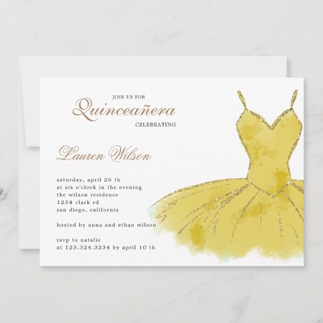 Gold Glitter Gown Quinceanera Invitation (Front)