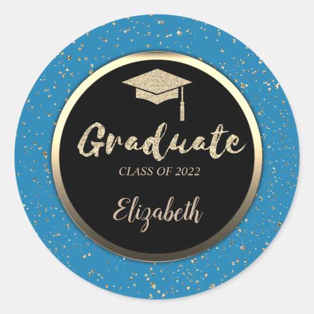 Gold Glitter Grad Cap,Confetti Blue Classic Round Sticker (Front)