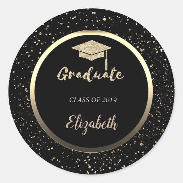 Gold Glitter Grad Cap,Confetti  - Personalised Classic Round Sticker (Front)