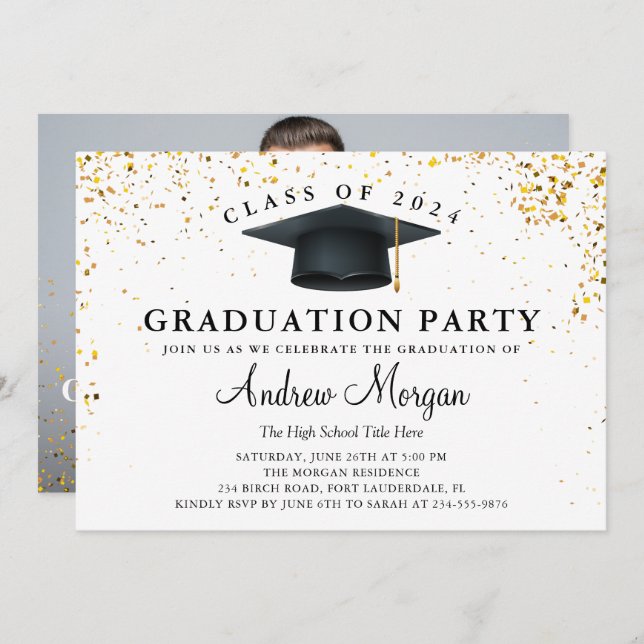 Gold Glitter Grad Cap Graduation Party Photo Invitation (Front/Back)