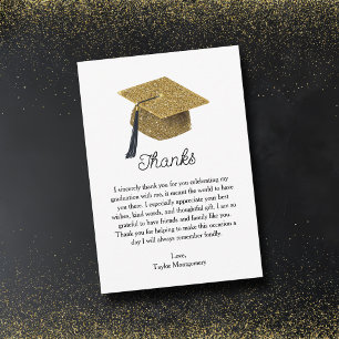 Gold Glitter Grad Cap Graduation Thank You Card