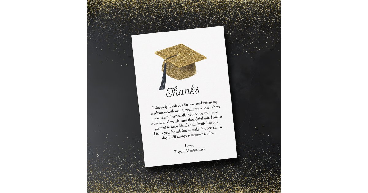 Gold Glitter Grad Cap Graduation Thank You Card | Zazzle