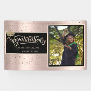 Gold Glitter Grad Cap,Photo Rose Gold Graduation  Banner