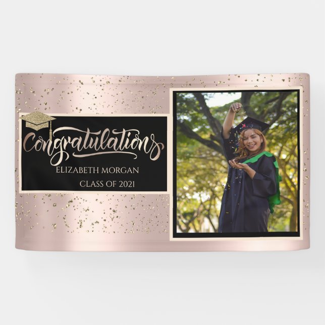 Gold Glitter Grad Cap,Photo Rose Gold Graduation  Banner (Horizontal)