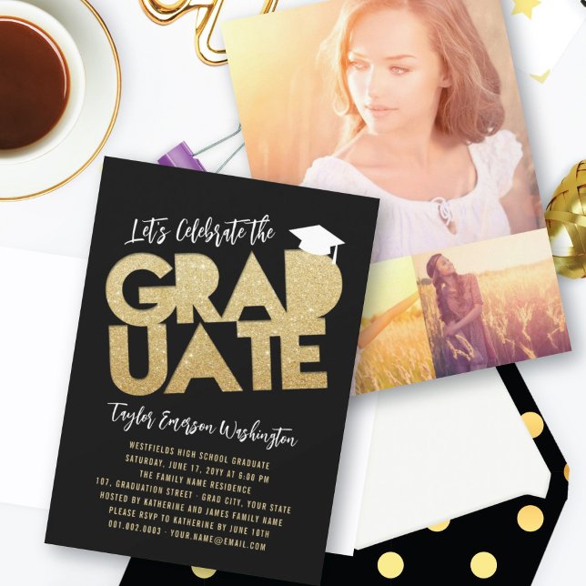 Gold Glitter Graduate Cutout Graduation Party Invitation (Creator Uploaded)