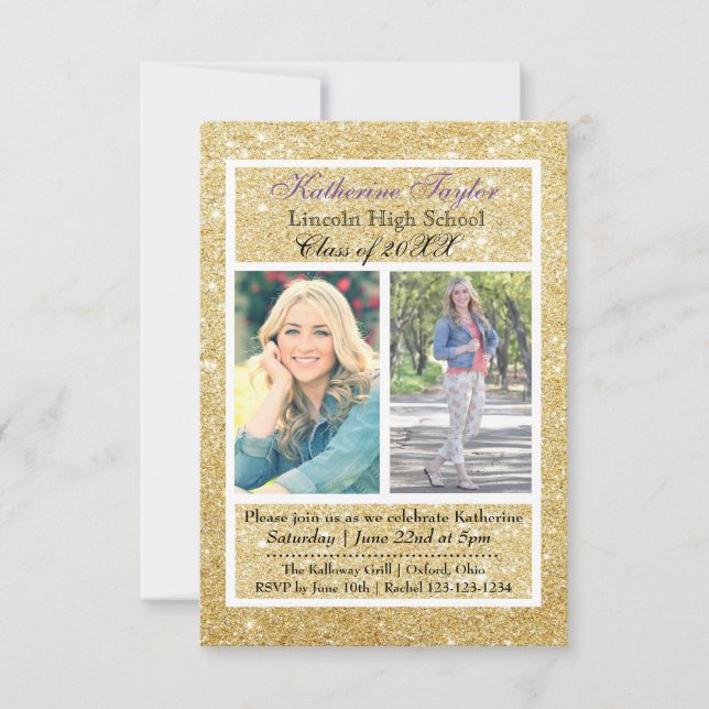 Gold Glitter Graduation Announcement 2 Photos 3x5 (Front)