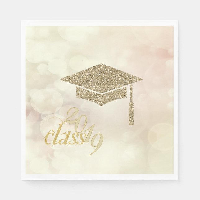 Gold Glitter Graduation Cap,Bokeh, Class 2019 Napkin (Front)