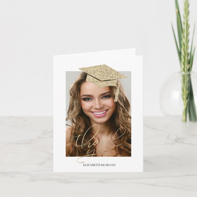 Gold Glitter Graduation Cap Calligraphy Photo Thank You Card (Front)