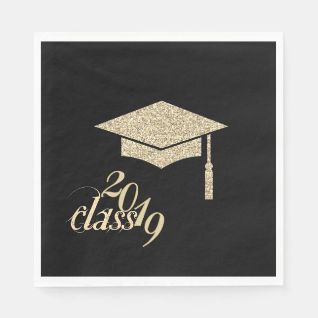 Gold Glitter Graduation Cap, Class 2019 Napkin (Front)