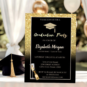 Gold Glitter Graduation Cap,Confetti,Wine,Glass Invitation