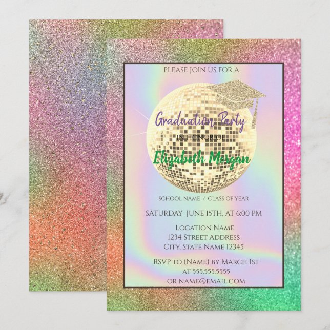 Gold Glitter Graduation Cap,Disco Ball,Colourful Invitation (Front/Back)