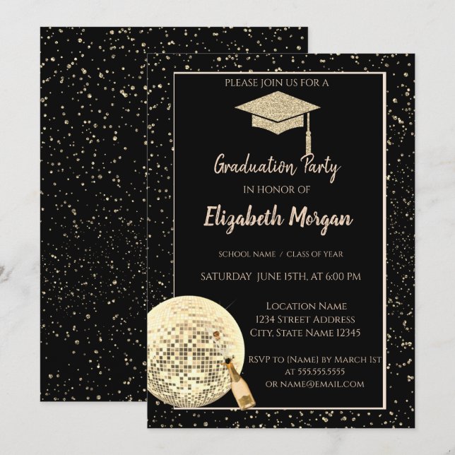 Gold  Glitter Graduation Cap,Disco Ball Confetti Invitation (Front/Back)