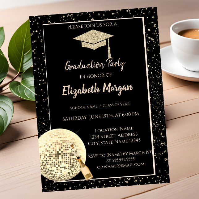 Gold  Glitter Graduation Cap,Disco Ball Confetti Invitation (Creator Uploaded)